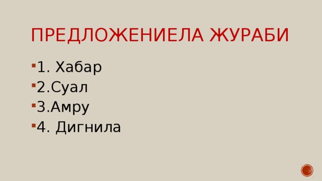 Предложениела жураби 1. Хабар 2.Суал 3.Амру 4. Дигнила 