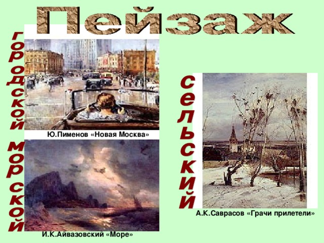 Ю.Пименов «Новая Москва» А.К.Саврасов «Грачи прилетели» И.К.Айвазовский «Море» 