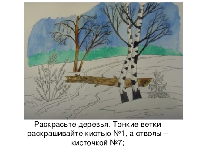 Раскрасьте деревья. Тонкие ветки раскрашивайте кистью №1, а стволы – кисточкой №7; 