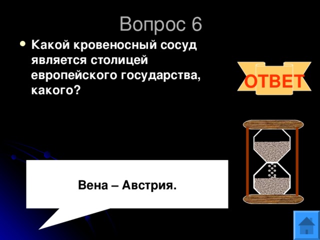Вопрос 6 Какой кровеносный сосуд является столицей европейского государства, какого? ОТВЕТ  Вена – Австрия. 