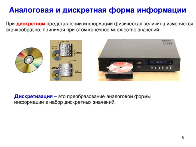 Аналоговая и дискретная форма информации При дискретном представлении информации физическая величина изменяется скачкообразно, принимая при этом конечное множество значений. Дискретизация – это преобразование аналоговой формы информации в набор дискретных значений. При дискретном представлении информации физическая величина изменяется скачкообразно, принимая при этом конечное множество значений. Дискретизация – это преобразование аналоговой формы информации в набор дискретных значений.   