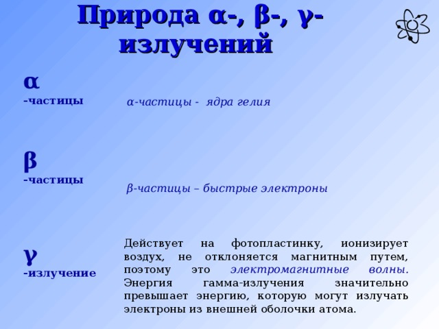 Природа α -, β -, γ - излучений  α -частицы - ядра гелия  α  -частицы β  -частицы β -частицы – быстрые электроны Действует на фотопластинку, ионизирует воздух, не отклоняется магнитным путем, поэтому это электромагнитные волны. Энергия гамма-излучения значительно превышает энергию, которую могут излучать электроны из внешней оболочки атома. γ  -излучение 