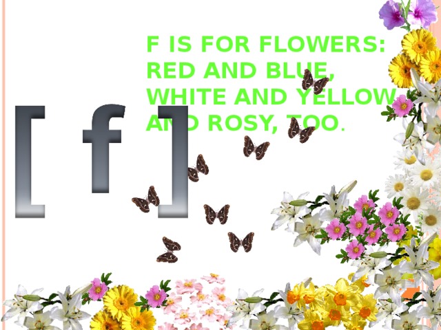 F IS FOR FLOWERS:  RED AND BLUE,  WHITE AND YELLOW  AND ROSY, TOO .   