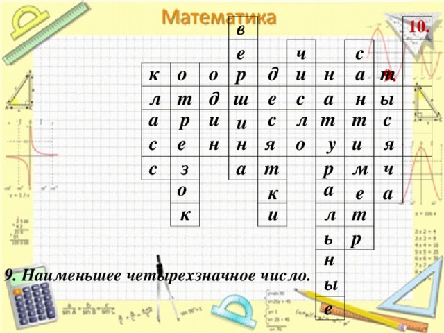 в 10. е с ч д а к т н р о о и 9. с ш а ы е н д л т и т а с т с л р и и у с н о я я н е з р с т м а ч о а е а к л т к и р ь н 9. Наименьшее четырехзначное число. ы е 