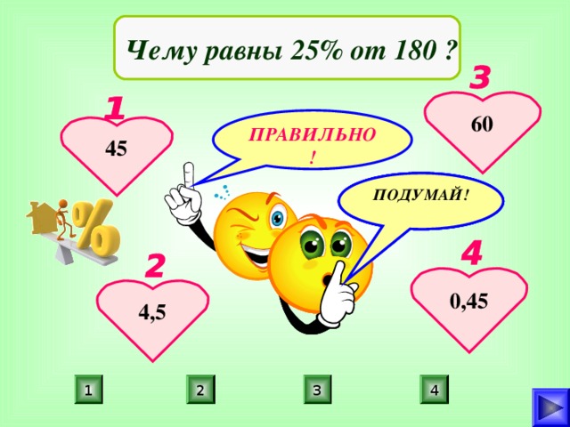 Чему равны 25% от 180 ? 60 ПРАВИЛЬНО! 45 ПОДУМАЙ! ПОДУМАЙ! ПОДУМАЙ! 0,45 4,5 4 3 2 1 