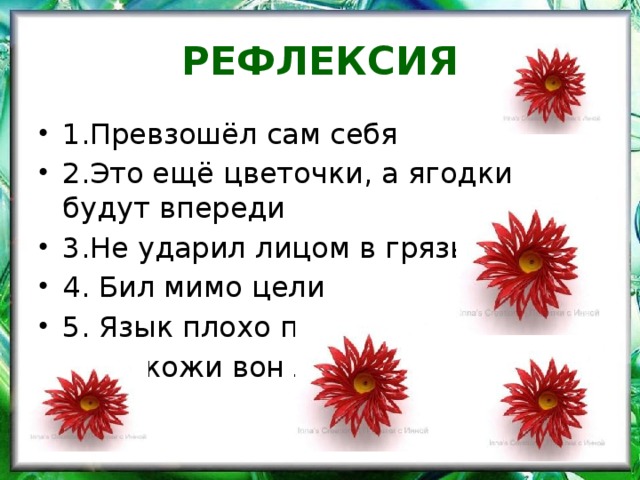 РЕФЛЕКСИЯ 1.Превзошёл сам себя 2.Это ещё цветочки, а ягодки будут впереди 3.Не ударил лицом в грязь 4. Бил мимо цели 5. Язык плохо подвешен 6. Из кожи вон лез 