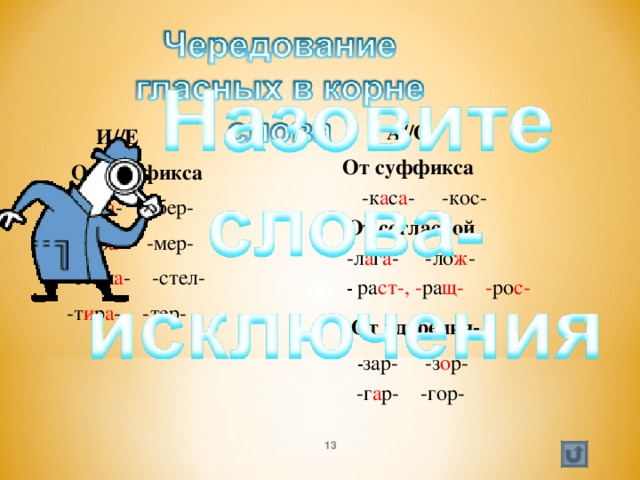 А//О И//Е  От суффикса От суффикса -к а с а - -кос- -б и р а - -бер- От согласной -м и р а - -мер- -л а г а - -ло ж - -ст и л а - -стел-  - ра ст-, - ра щ- - ро с- -т и р а - -тер- От ударения-  - зар- -з о р- -г а р- -гор-  