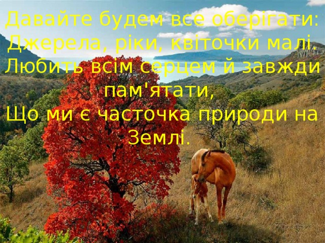 Давайте будем все оберігати: Джерела, ріки, квіточки малі. Любить всім серцем й завжди пам'ятати, Що ми є часточка природи на Землі. 