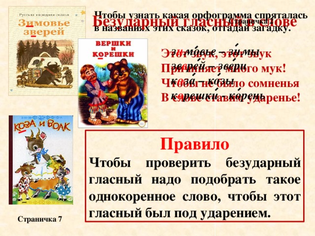 Чтобы узнать какая орфограмма спряталась в названиях этих сказок, отгадай загадку. Безударный гласный в слове Страничка 2 з и мовье – зимы зв е рей – звери к о за – козы к о решки - корень  Этот звук, этот звук Причиняет много мук! Чтобы не было сомненья В слове ставим ударенье! Правило Чтобы проверить безударный гласный надо подобрать такое однокоренное слово, чтобы этот гласный был под ударением. Страничка 7