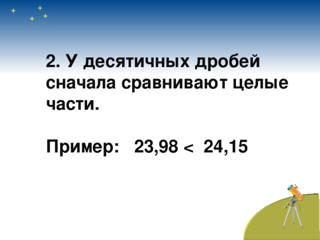 2. У десятичных дробей сначала сравнивают целые части.  Пример: 23,98  