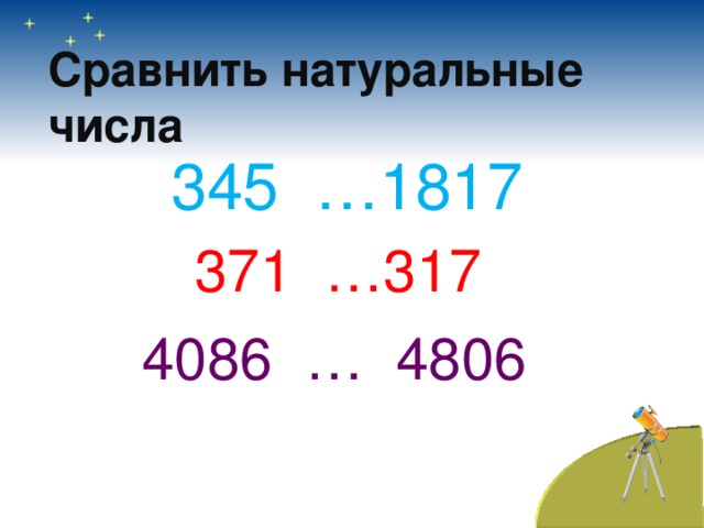 Сравнить натуральные числа 345 …1817 371 …317 4086 … 4806 