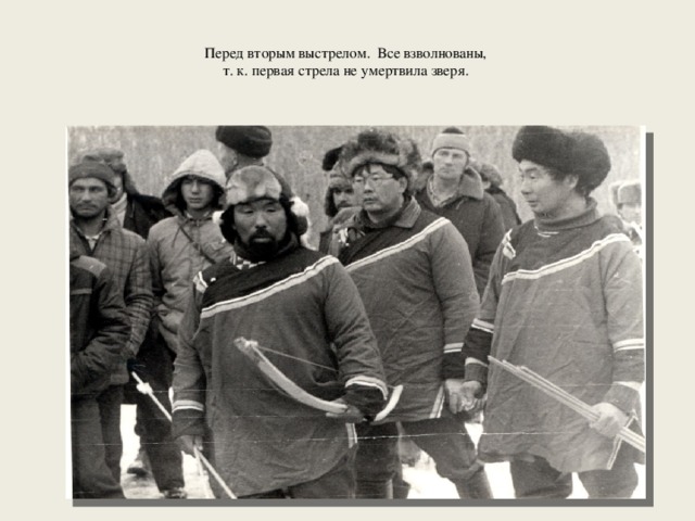  Перед вторым выстрелом. Все взволнованы,  т. к. первая стрела не умертвила зверя.   
