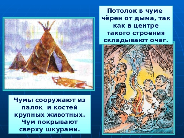 Потолок в чуме чёрен от дыма, так как в центре такого строения складывают очаг. Чумы сооружают из палок и костей крупных животных. Чум покрывают сверху шкурами. 
