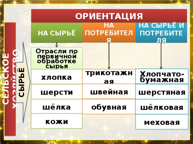 СЕЛЬСКОЕ ХОЗЯЙСТВО ОРИЕНТАЦИЯ НА ПОТРЕБИТЕЛЯ НА СЫРЬЁ НА СЫРЬЁ И ПОТРЕБИТЕЛЯ СЫРЬЁ Отрасли по первичной обработке сырья Хлопчато-бумажная трикотажная хлопка швейная шерсти шерстяная шёлка обувная шёлковая кожи меховая 