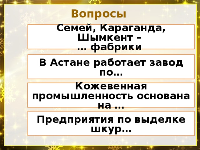 Вопросы Семей, Караганда, Шымкент – … фабрики В Астане работает завод по… Кожевенная промышленность основана на … Предприятия по выделке шкур… 