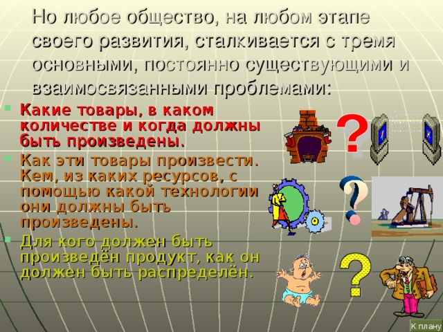 Но любое общество, на любом этапе своего развития, сталкивается с тремя основными, постоянно существующими и взаимосвязанными проблемами: Какие товары, в каком количестве и когда должны быть произведены. Как эти товары произвести. Кем, из каких ресурсов, с помощью какой технологии они должны быть произведены. Для кого должен быть произведён продукт, как он должен быть распределён. К плану 