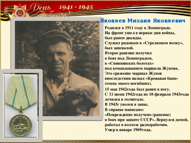 Яковлев Михаил Яковлевич Родился в 1911 году в Ленинграде. На фронт ушел в первые дни войны, был ранен дважды. Служил рядовым в «Стрелковом полку», был запевалой. Второе ранение получил в боях под Ленинградом, в «Синявинских болотах» под командованием маршала Жукова. Это сражение маршал Жуков впоследствии назвал «Кровавая баня» (очень много погибших). 15 мая 1942года  был ранен в ногу. С 11 июня 1942года по 10 февраля 1943года лечился в госпитале. В 1943г уволен в запас. В справке написано: «Повреждение получено (ранение) в боях при защите СССР». Вернулся домой, работал в колхозе разнорабочим. Умер в январе 1969года. 