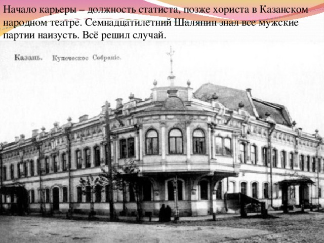 Начало карьеры – должность статиста, позже хориста в Казанском народном театре. Семнадцатилетний Шаляпин знал все мужские партии наизусть. Всё решил случай. 