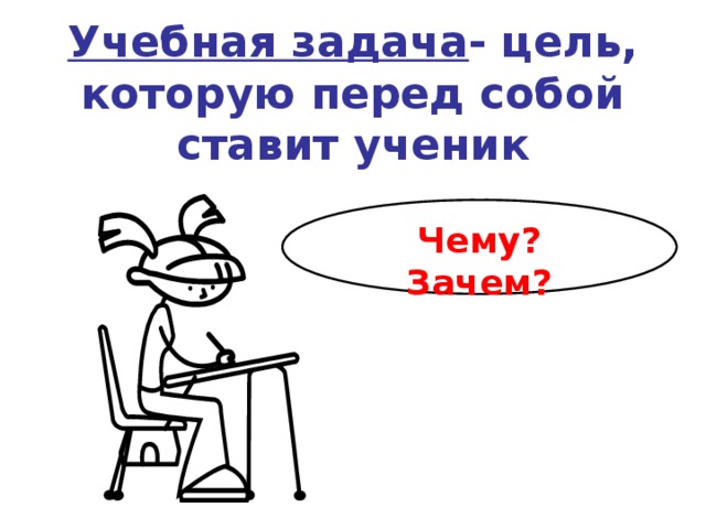  Учебная задача - цель, которую перед собой ставит ученик Чему? Зачем? 
