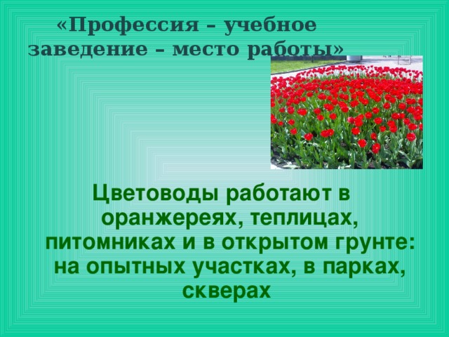 «Профессия – учебное заведение – место работы»     Цветоводы работают в оранжереях, теплицах, питомниках и в открытом грунте: на опытных участках, в парках, скверах