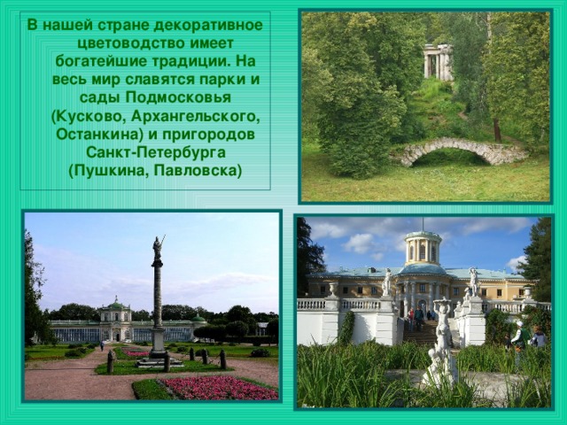 В нашей стране декоративное цветоводство имеет богатейшие традиции. На весь мир славятся парки и сады Подмосковья (Кусково, Архангельского, Останкина) и пригородов Санкт-Петербурга (Пушкина, Павловска)