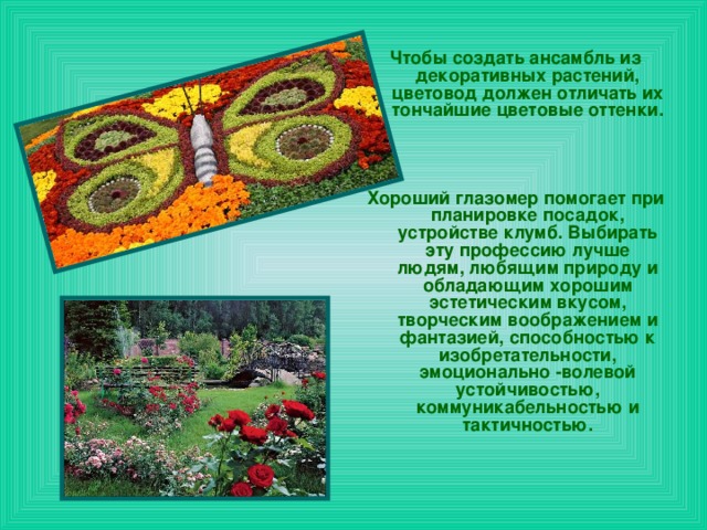 Чтобы создать ансамбль из декоративных растений, цветовод должен отличать их тончайшие цветовые оттенки.    Хороший глазомер помогает при планировке посадок, устройстве клумб. Выбирать эту профессию лучше людям, любящим природу и обладающим хорошим эстетическим вкусом, творческим воображением и фантазией, способностью к изобретательности, эмоционально -волевой устойчивостью, коммуникабельностью и тактичностью.