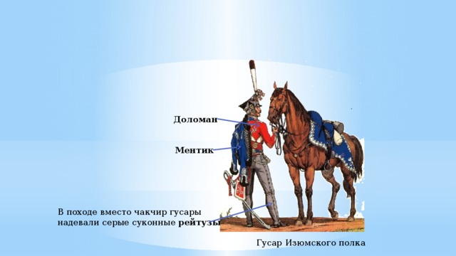 Доломан Ментик В походе вместо чакчир гусары надевали серые суконные рейтузы Гусар Изюмского полка 