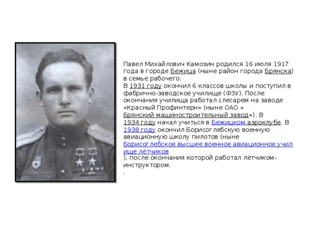 Павел Михайлович Камозин родился 16 июля 1917 года в городе  Бежица  (ныне район города  Брянска ) в семье рабочего.  В  1931 году  окончил 6 классов школы и поступил в фабрично-заводское училище (ФЗУ). После окончания училища работал слесарем на заводе «Красный Профинтерн» (ныне ОАО « Брянский машиностроительный завод »). В  1934 году  начал учиться в  Бежицком аэроклубе . В  1938 году  окончил Борисоглебскую военную авиационную школу пилотов (ныне  Борисоглебское высшее военное авиационное училище лётчиков ), после окончания которой работал лётчиком-инструктором.  .  