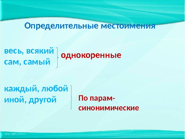 Определительные местоимения весь, всякий сам, самый однокоренные каждый, любой иной, другой  По парам- синонимические 