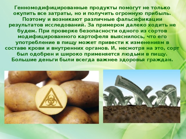 Генномодифицированные продукты помогут не только окупить все затраты, но и получить огромную прибыль. Поэтому и возникают различные фальсификации результатов исследований. За примером далеко ходить не будем. При проверке безопасности одного из сортов модифицированного картофеля выяснилось, что его употребление в пищу может привести к изменениям в составе крови и внутренних органов. И, несмотря на это, сорт был одобрен и широко применяется людьми в пищу. Большие деньги были всегда важнее здоровья граждан. 