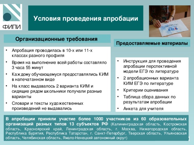  Условия проведения апробации  Организационные требования Предоставляемые материалы Апробация проводилась в 10-х или 11-х классах разного профиля Время на выполнение всей работы составляло 3 часа 55 минут Каждому обучающемуся предоставлялись КИМ в напечатанном виде На класс выдавалось 2 варианта КИМ и сидящие рядом школьники получали разные варианты Словари и тексты художественных произведений не выдавались Инструкция для проведения апробации перспективной модели ЕГЭ по литературе 2 апробационных варианта КИМ ЕГЭ по литературе Критерии оценивания Таблица сбора данных по результатам апробации Анкета для учителя В апробации приняли участие более 1000 участников из 60 образовательных организаций разных типов 13 субъектов РФ (Калининградская область, Костромская область, Красноярский край, Ленинградская область, г. Москва, Нижегородская область, Республика Бурятия, Республика Татарстан, г. Санкт-Петербург, Тверская область, Ульяновская область, Челябинская область, Ямало-Ненецкий автономный округ)  