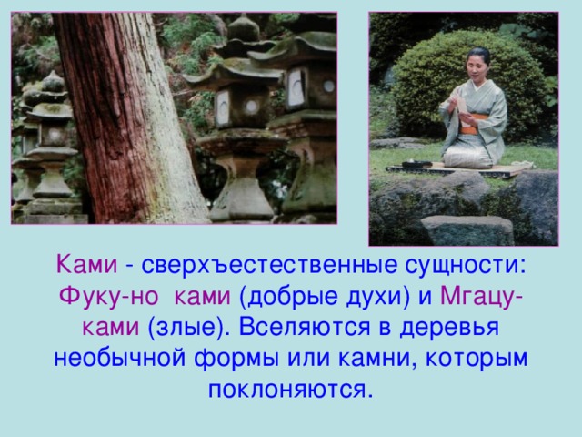 Ками - сверхъестественные сущности: Фуку-но ками (добрые духи) и Мгацу- ками (злые). Вселяются в деревья необычной формы или камни, которым поклоняются.   