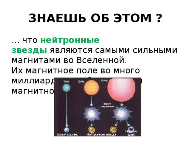 ЗНАЕШЬ ОБ ЭТОМ ? ... что  нейтронные звезды  являются самыми сильными магнитами во Вселенной.  Их магнитное поле во много миллиардов раз больше, чем магнитное поле Земли. 