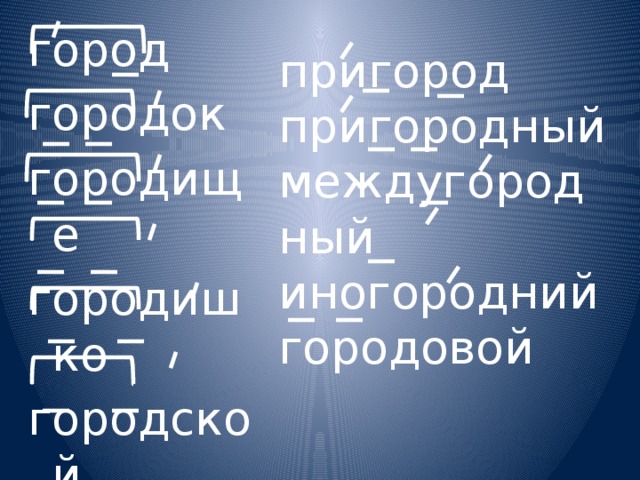 город городок городище городишко городской городки пригород пригородный междугородный иногородний городовой  