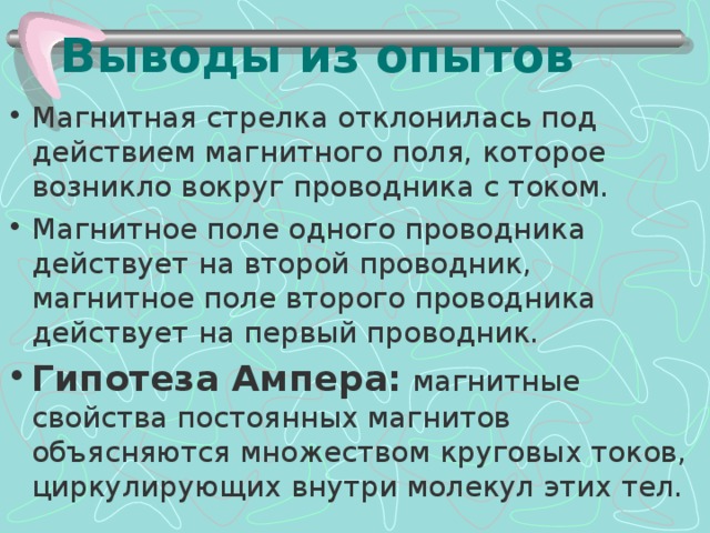 Выводы из опытов Гипотеза Ампера: 