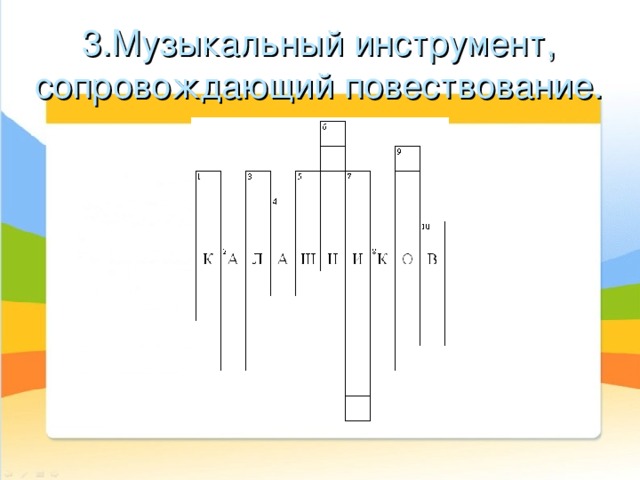 3.Музыкальный инструмент, сопровождающий повествование. 