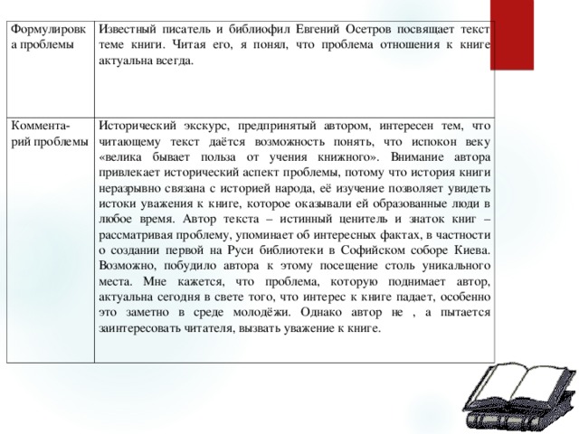 Формулировка проблемы Известный писатель и библиофил Евгений Осетров посвящает текст теме книги. Читая его, я понял, что проблема отношения к книге актуальна всегда. Коммента- рий проблемы Исторический экскурс, предпринятый автором, интересен тем, что читающему текст даётся возможность понять, что испокон веку «велика бывает польза от учения книжного». Внимание автора привлекает исторический аспект проблемы, потому что история книги неразрывно связана с историей народа, её изучение позволяет увидеть истоки уважения к книге, которое оказывали ей образованные люди в любое время. Автор текста – истинный ценитель и знаток книг – рассматривая проблему, упоминает об интересных фактах, в частности о создании первой на Руси библиотеки в Софийском соборе Киева. Возможно, побудило автора к этому посещение столь уникального места. Мне кажется, что проблема, которую поднимает автор, актуальна сегодня в свете того, что интерес к книге падает, особенно это заметно в среде молодёжи. Однако автор не , а пытается заинтересовать читателя, вызвать уважение к книге. 