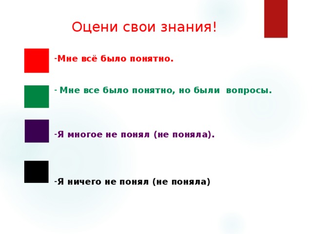 Оцени свои знания! Мне всё было понятно.   Мне все было понятно, но были вопросы.   Я многое не понял (не поняла).   Я ничего не понял (не поняла) .   