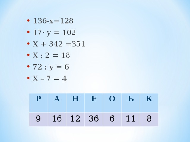 136-х=128  17· у = 102  Х + 342 =351  Х : 2 = 18  72 : у = 6  Х – 7 = 4