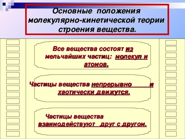 Основные положения молекулярно-кинетической теории строения вещества. Все вещества состоят из мельчайших частиц: молекул и атомов. Частицы вещества непрерывно и хаотически движутся. Частицы вещества взаимодействуют друг с другом. 