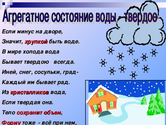 Если минус на дворе, Значит, хрупкой быть воде. В мире холода вода Бывает твердою всегда. Иней, снег, сосульки, град- Каждый им бывает рад. Из кристалликов вода, Если твердая она. Тело сохранит объем , Форму тоже - всё при нем . 