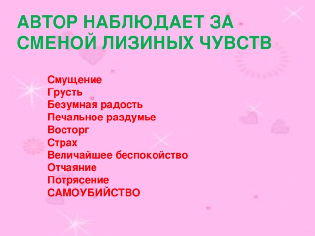 Автор наблюдает за сменой Лизиных чувств Смущение Грусть Безумная радость Печальное раздумье Восторг Страх Величайшее беспокойство Отчаяние Потрясение САМОУБИЙСТВО 