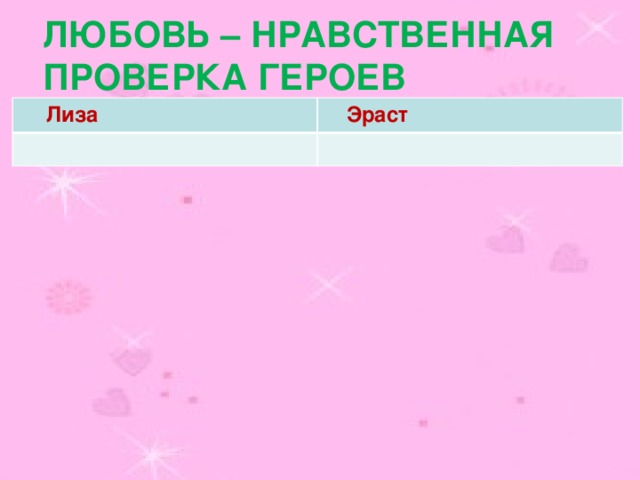 Любовь – нравственная проверка героев  Лиза  Эраст 