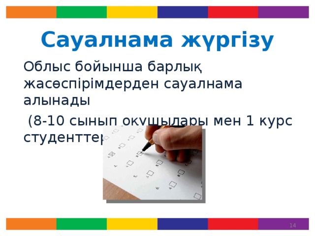 Сауалнама жүргізу Облыс бойынша барлық жасөспірімдерден сауалнама алынады  (8-10 сынып оқушылары мен 1 курс студенттері) Сауалнама барысында балаларға олардың эмоционалды мінез-құлқы және әлеуметтік ортасы, зиянды әдеттерге қарым-қатынасы жайлы сұрақтар қойылады. Олардың кейбіреулері бір қарағанда көрінбейтін жасырын, бала ата-анасына және жақын адамына айтпайтын мәселелерге қатысты болып келеді. Балалар сауалнаманы толтыру барысында жақсы көңіл-күйде болғаны және сұрақтарға шынайы жауап бергені маңызды, себебі балада қауіптің бар немес жоқ екендігі туралы ақпарат ең алдымен ата-аналар үшін қажет. Сауалнамада құпиялықты сақтау қарастырылған: балалар туралы мәлімет кодталады және сіз сауалнаманың нәтижесі туралы ақпаратты тек сауалнаманы жүргізген психолог маманнан ғана біле аласыз.   
