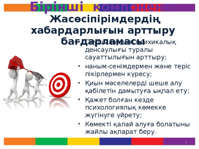 Бірінші компонент:   Жасөсіпірімдердің хабардарлығын арттыру бағдарламасы Оқушылардың психикалық денсаулығы туралы сауаттылығын арттыру; наным-сенімдермен және теріс пікірлермен күресу; Қиын мәселелерді шеше алу қабілетін дамытуға ықпал ету; Қажет болған кезде психологиялық көмекке жүгінуге үйрету; Көмекті қалай алуға болатыны жайлы ақпарат беру. Әр компонентке жеке-жеке толығырақ тоқталайық. 1 компонентті іске асыру бізге жоғарыда көрсетілгендерден басқа, психикалық денсаулық пен суицидке қатысты қате пікірлер мен наным-сенімдерге қайта қарауға ықпал етеді. Өкінішке орай, біздің қоғамымызда бұл тақырыпты қозғамауға, оны жасыруға, отбасы төңірегінен тыс жерде талқыламауға тырысады. Көп жағдайда суицидтің негізгі себебі не екеніне талдау жасалмайды. Бұл өсіп келе жатқан жасөспірімнің қиын жағдайдан шығу қабілеттерінің қалыптаспауына алып келеді және ол бірінші кезекте түрлі деструктивті мінез-құлықтың пайда болуына ықпал етеді.   
