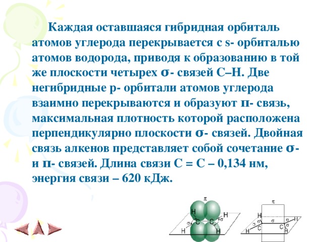  Каждая оставшаяся гибридная орбиталь атомов углерода перекрывается с s - орбиталью атомов водорода, приводя к образованию в той же плоскости четырех σ - связей C – H . Две негибридные p - орбитали атомов углерода взаимно перекрываются и образуют π - связь, максимальная плотность которой расположена перпендикулярно плоскости σ - связей. Двойная связь алкенов представляет собой сочетание σ - и π - связей.  Длина связи C = C – 0,134 нм, энергия связи – 620 кДж.  