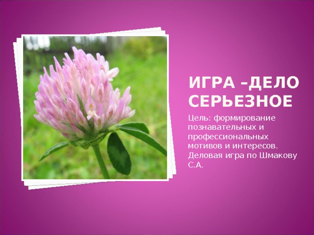 Игра –дело серьезное Цель: формирование познавательных и профессиональных мотивов и интересов. Деловая игра по Шмакову С.А. 
