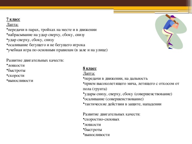 7 класс Лапта: передачи в парах, тройках на месте и в движении набрасывание на удар сверху, сбоку, снизу удар сверху, сбоку, снизу осаливание бегущего и не бегущего игрока учебная игра по основным правилам (в зале и на улице)  Развитие двигательных качеств: ловкости быстроты скорости выносливости 8 класс Лапта: передачи в движении, на дальность прием высоколетящего мяча, летящего с откосом от пола (грунта) удары снизу, сверху, сбоку (совершенствование) осаливание (совершенствование) тактические действия в защите, нападении  Развитие двигательных качеств: скоростно-силовых ловкости быстроты выносливости 