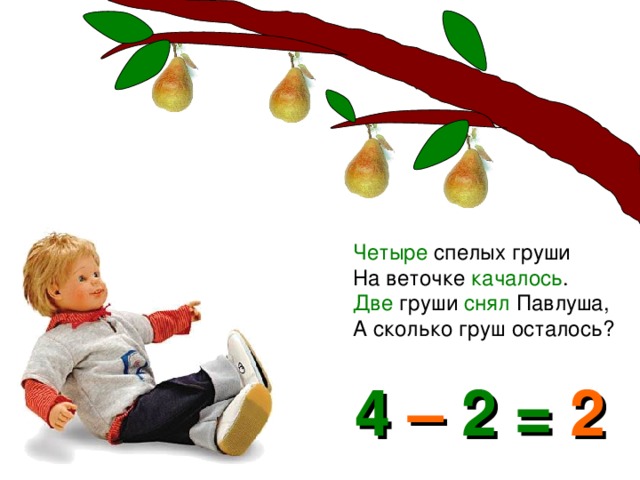 Четыре спелых груши На веточке качалось . Две груши снял Павлуша, А сколько груш осталось? 4 – 2 = 2 