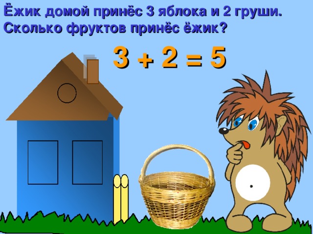 Ёжик домой принёс 3 яблока и 2 груши. Сколько фруктов принёс ёжик? 3 + 2 = 5 